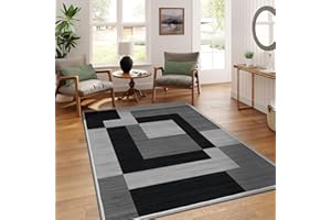 AMEHA Rugs Living Room - Milo Black & Grey Area Rugs for Bedroom Small Bedside mat 60x110 cm Anti Slip - Modern Carpet Non Shedding Geometric Style Durable Soft Low Pile Rug for Kids Room Easy Clean