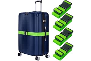 Luggage Straps for Suitcases - Neon Green, 4 Pack - Premium Nylon Belts for Luggage Security - Adjustable Length 1-2 metres - by BlueCosto