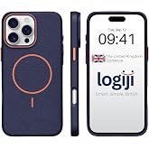 Logiji Ladera iPhone 14 Pro Max Kılıf - Deri G&ouml;r&uuml;n&uuml;ml&uuml; İnce Koruma - MagSafe ile Uyumlu - Koyu Mavi