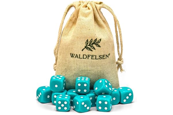 Waldfelsen Dés de haute qualité 16 mm acrylique - Lot de 6, 12, 20, 30 ou 50 - Dés de jeu 6 faces - Accessoires de jeu avec sac en tissu (turquoise, 12 pièces)