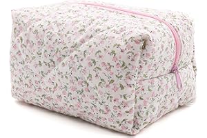 DAKLUNAR Pikowana kosmetyczka z kwiatowym wzorem, Puffy o dużej pojemności, z miękkiego materiału bawełnianego, na pędzle do makijażu i przybory kosmetyczne, różowe kwiaty, Rosa, Ręcznie wykonana kosmetyczka w