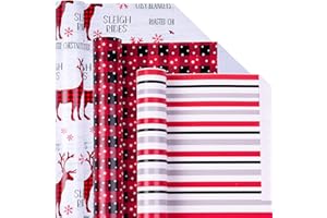 Holijolly Rouleau De Papier De Noël - Elk/Star Check/Rayures Au Design Rouge Et Blanc Pour Papier D'Emballage, Artisanat -43 X 305Cm X 3 Rouleaux