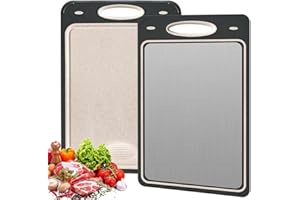 Funnity Antibakterielles 2 in 1 Schneidebrett, Edelstahl Schneidebrett, 304 Edelstahl und Weizenstroh PP,Doppelseitiges Schneidebrett, Spülmaschinenfest