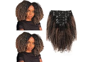 SixStarHair Extensions de Cheveux Afro Bouclés à Clips 4A Bicolores Enracinés Noir à Noir Naturel se Décolorant à Auburn Moyen #30 à Clipser pour Femmes Africaines Noires 40cm 8A Grade 7 Pièces 120g