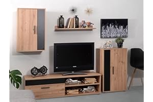 Homely - Mueble de Salón Modular Ibiza Black | Conjunto 4 Muebles | Muebles Salón Completo | Mueble para Televisión + Mueble Bajo + Mueble Alto + Estantería Alta | Color Roble Nudoso y Negro