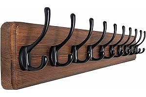 SKOLOO Gran perchero rústico de pared, de 98 cm de largo, fabricado en pino macizo, 10 ganchos para colgar ropa, albornoces, toallas, abrigos, mochilas, marrón