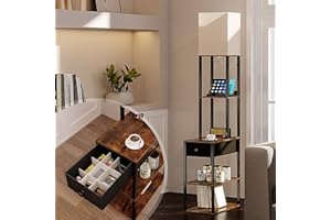 ‎ADDLON addlon Stehlampe mit lampeshrim, dimmbare Stehlampe mit 2 USB-Ladeanschlüssen&Schublade, LED Stehlampe Vintage mit 3 Farbtemperaturen, Stehleuchte mit Holzregalen für Wohnzimmerf, Schlafzimmer, Büro