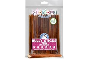 glorious treats and chews All Natural Dog Chew 15 cm Bully Sticks, (Thin, (15 Count (Pack of 1)), Bull Pizzle The Product Is Long Lasting & 100% Digestible, Contains High Protein