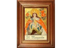 Hinterglaswerkstätten - Hinterglasbild / Patronatsbild "Hl. Margarethe" mit braun gebeizten Holzrahmen, handbemalt mit Legende des Heiligen auf der Bildrückseite, ca. B: 12,5 x H: 16 cm