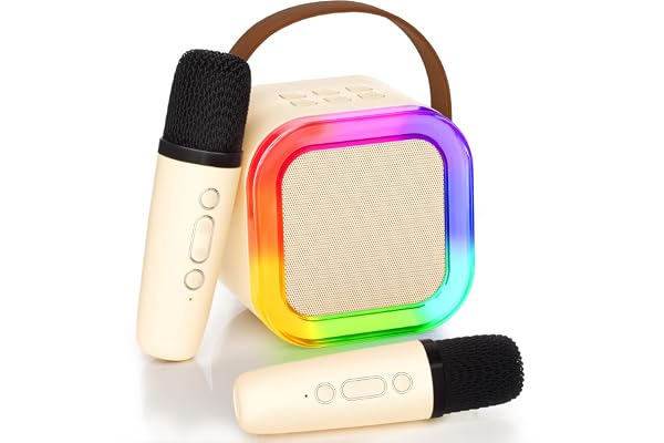 Ankuka Micro Karaoke Enfants avec 2 Micro sans Fil, Jouet Fille Karaoké 3-12 Ans Micro Enfant, Karaoké Bluetooth Portable avec Changement de Voix Magique et Lumière LED. (Beige)