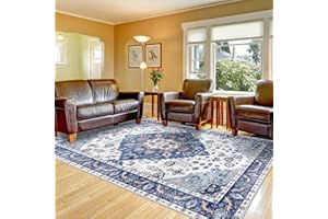 Vamcheer Vintage Washable Rugs for Living Room - Classic Soft Faux Short Pile Area Rugs for Bedroom Dining Room Traditional Carpet for Office Kitchen Non Slip Non Shedding Blue Rug, 120x170CM