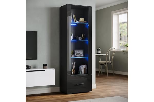 SONNI vitrinskåp med LED-belysning svart/vit, högglansig front, med 4 hyllor och 1 låda. Ståskåp, vardagsrumsvitrinskåp, B 550 x D 350 x H 1720 mm