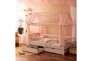 Alcube® Lit Cabane 80x160 avec Barrière de Sécurité - Ensemble Complet - incluant Un Matelas 80x160, des Tiroirs et Une Décoration Rose - Lit pour Enfant 80x160 cm - Blanc