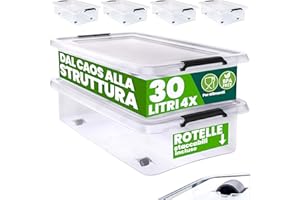 Deuba® 4X 30L Scatole in Plastica Trasparente Senza BPA Contenitori con Coperchio Impilabili Ruote Cassette Salvaspazio