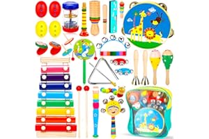 HYOJCWU Strumenti Musicali Bambini, 33 Pezzi Percussioni per Bambini con Borsa, Strumenti Musicali Percussioni Giocattolos in Legno, Set di Giocattoli Musicali Educativi Regalo