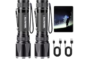 GEARLITE Taschenlampe Led Aufladbar 2Pack, Superhelle Zoombare 3000 Lumen Mini Torch mit 3 Lichtmodi & Langer Betriebsdauer, IP65 Wasserdicht Taktische Handlampe für Camping, Angeln, Outdoor, Notfäll