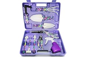 KAHEIGN Zestaw narzędzi ogrodowych, 10 sztuk, narzędzia ogrodowe z pudełkiem, ergonomiczny uchwyt antypoślizgowy, wytrzymała łopata ze stali nierdzewnej, nożyce ogrodowe, grabie, spryskiwacz wody,