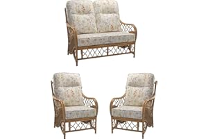 DESSER & CO LTD THE HOME OF RATTAN FURNITURE SINCE 1919 Desser Oslo Rattan Conservatory Furniture Set – 2 Seater Sofa & 2x Armchairs – Fully Assembled Luxury Indoor Real Cane Wicker Chairs & Settee Suite with UK Manufactured Cushions – Mulberry Fabric