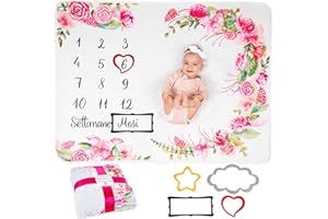 ODOXIA Coperta Mesi Neonato In Italiano | Tappeto Per Maschio O Femmina, Unisex | Tema Fiori E Foglie | Regalo Baby Shower Personalizzato Per Neomamme | Incluse Cornici