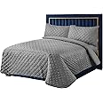 Quilted Bedspreads with Matching Pillowcases, Diamond Floral Embossed Pattern Comforter Set, Ultrasonic Microfibre Luxury Bed Throws, Easy care, Machine Washable (Grey, Super King)
