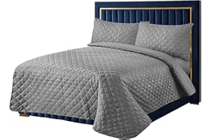 AAHO IT'S ALL ABOUT HOME Quilted Bedspreads with Matching Pillowcases, Diamond Floral Embossed Pattern Comforter Set, Ultrasonic Microfibre Luxury Bed Throws, Easy care, Machine Washable (Grey, Single)