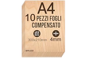 ARMLAZER COMPENSATO A4 300 x 210 х 4mm, 10 Pezzi, Pannelli di Legno, Pirografia, Tavola Modello Casa, Fai Da Te Fatto a Mano, Compensato per la Ceatività, Fogli di compensato per il Taglio Laser 4 mm