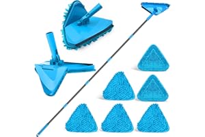 NEWE Mocio Triangolare Allungabile con Manico Lungo 202 cm e Tergivetro, Mop Lavapavimenti Pieghevole a 180°, Pulizia Pavimenti con con 6 Tamponi in Microfibra Ciniglia per Pareti (Blu)
