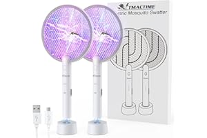 TMACTIME 2-in-1 Racchetta Zanzare Elettrica, 2X 4000V Racchetta Antizanzare, USB Base di Ricaricabile, e Lampada UV, Protezione Maglia a 3 Strati, Adatto per Casa, Giardino, Interni ed Esterni