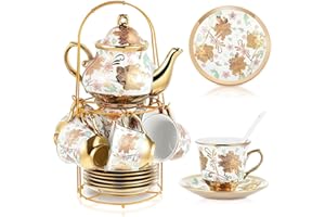 ATLDMPHIC Ceramic Tea Cup Set, 20 Pcs European Ceramic Tea Set for Afternoon Tea, with Metal Holder and 6 Tea Cups, 450 ml Porcelain Tea Pot Set, 90 ml Tea Cup for Party, Women,Coffee, Flower Tea