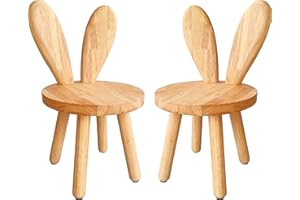 Yier Mei 2 Pcs Solid Wood Stand Stool Customized Rabbit Ears Shaped Backrest Kids Small Chair,Round Wooden Childs Furniture for Eating, Reading and Playing(Wood Color)