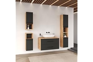 Planetmöbel Juego Completo de Muebles de baño (90 cm, Roble/Antracita, Armario bajo Lavabo con Lavabo, 2 armarios Midi y Armario Alto Lux 30 cm)