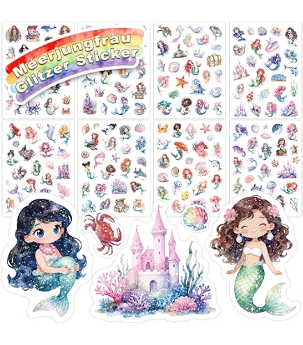 HOWAF 330+ Glitterstickers – 24 Vellen Met Regenboog, Eenhoorn, Zeemeermin, Prinses & Zeedieren – Voor Knutselen, Scrapbooking & Cadeautjes
