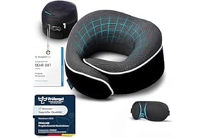 ‎PROGLOBE Proglobe Nackenkissen Flugzeug, Reisekissen 100% Memory Foam, Orthopädisches Nackenhörnchen, Ideal für Reisen mit Flugzeug, Auto, Zug, Mit 3D-Schlafmaske, Hochwertige Netztasche (Schwarz)