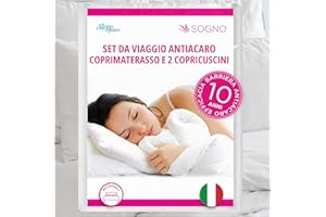 Allergosystem Set da Viaggio Coprimaterasso Antiacaro Matrimoniale 170x200cm e 2 Federe Cuscino Letto con Cerniera 50x80cm Made in Italy - Biancheria da Letto per Trasferte e Vacanze - Linea Sogno
