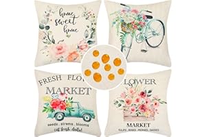 HomeStilez Fundas Cojines Decorativos 45x45cm Flores Birds Bike Tuck Patrón Juego de 4 Fundas de Almohadas Impermeables Exterior Patio Jardín Sala Sofá