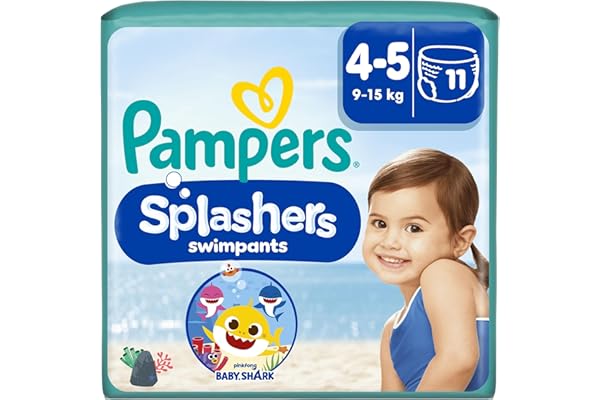 Pampers Splashers, Taille 4-5, 11 Couches-Culottes de Bain Jetables, 9-15kg, Le Confort D'un Maillot De Bain Et La Protection Pampers Optimale dans l'Eau, Edition Limitée Baby Shark
