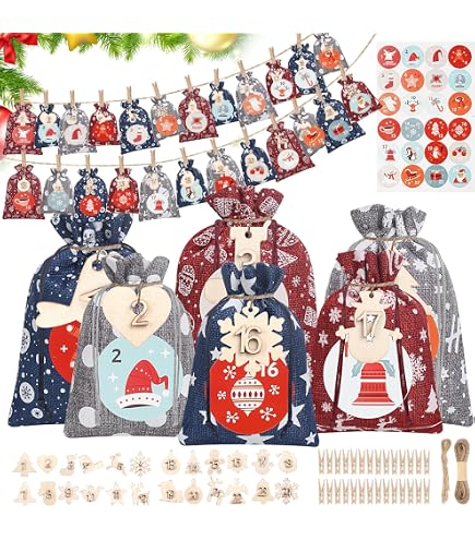 Calendrier De L'Avent En Tissu à Remplir Soi-même - 24 Pochettes (2 Tailles) - Réutilisable - Décoration Noël - Avec Corde Et Pinces