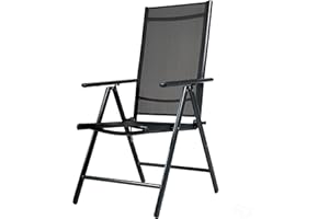 BPIL Folding Aluminium Garden 7-Position Recliner, XL Lightweight Outdoor Patio Dining Chairs with Armrests, Grey, black Textilene, Adjustable High Backrest for Camping or Relaxing (1 PIECE)