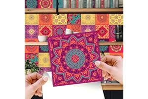 WALPLUS 15cm 24pcs Colourful Mandala Wall Tile Stickers Peel and Stick Backsplash Self-Adhesive Vinyl Home Decoration DIY Living Bedroom Splashbacks Spring Easter Decoration Tile Paint Stick on Tiles