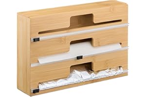 ‎RELAXDAYS Relaxdays Dozownik folii, 3 rolki, do szuflady, bambus, wys. x szer. x gł.: 21,5 x 33,5 x 8 cm, przechowywanie folii kuchennej, naturalny