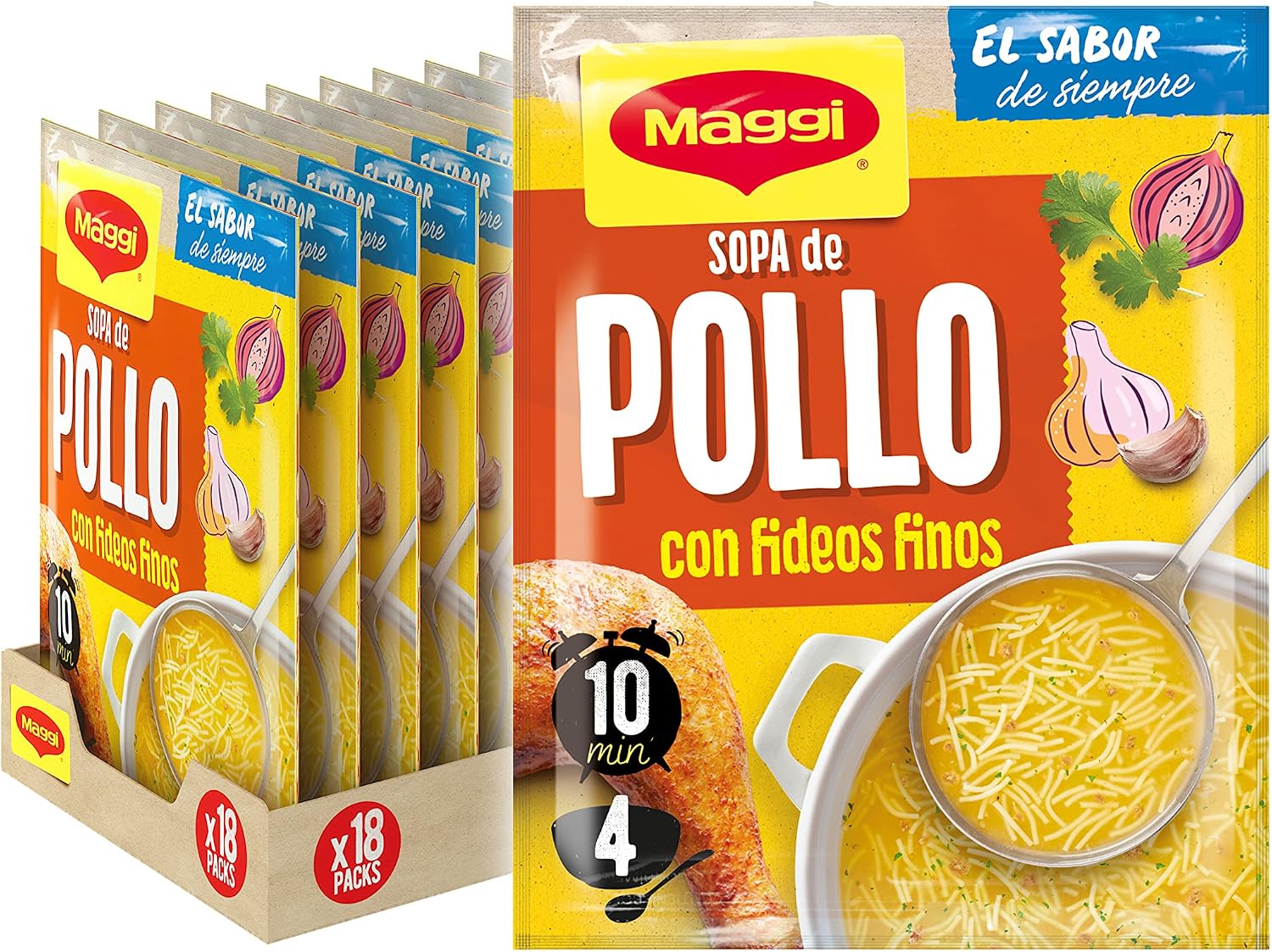 MAGGI Sopa de Pollo con Fideos Finos - Sopa Deshidratada - Pack de 18 x 82g (4 raciones por sobre)