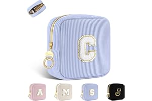 PLAYEXEN Petit Trousse Personnalisable Pochette Maquillage Femme Mini Trousse de Toilette Fille avec Initiale Sac de Cosmétiques en Velours Côtelé Personnalisée Cadeau Anniversaire Noël Filles Maman(Bleu-C)