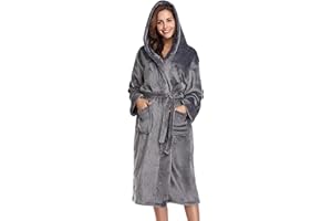 Vlazom Ladies Dressing Gown, Flannel Soft Robe Warm Fluffy Bathrobes with Hooded or Shawl Collar Long Robe for Cold Day