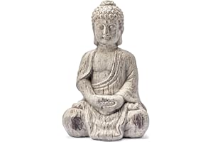 HH HOME HUT Sitting Buddha Garden Ornament Outdoor Statue Indoor Home Decor Stone Drift Wood Effect Figurine Table top Thai Meditating Décor Zen Weather Resistant 30cm Tall