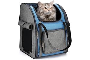 PETTOM Zaino Cane Gatto Borsa da Trasporto in Oxford Impermeabile Spazioso Trasportino Cane di Piccola Media Fino a 8kg Pieghevole Pet Backpack per Viaggio Aereo Automobile (Grigio+Blu)
