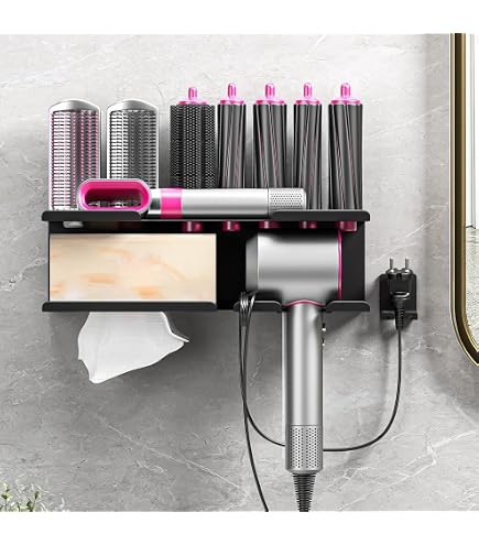 Support Mural Sèche-cheveux Avec Rangement Embouts – Blanc, Métal Laqué – Pour Salle De Bain Ou Salon