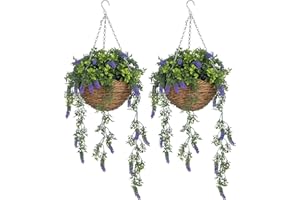 HOMCOM Set of 2 Decorative Artificial Plants, Faux Silk Lavender Flowers in Hanging Baskets, Fake Plants for Home Indoor Outdoor Decor, Purple