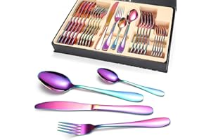 Emsmil Juego de Cubiertos Acero Inoxidable 24 Piezas Arcoíris Colores Cuberteria Servir para 6 Personas Cuberterías Combinadas de Cocina Diseño Modernas Incluye Cuchillo/Tenedor/Cuchara/Cucharilla