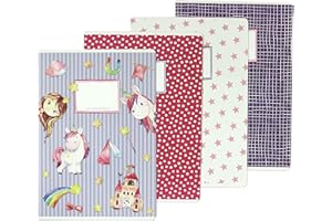 ‎PAPIERDRACHEN Papierdrachen 4 high-quality school notebooks for children, DIN A4, lined and squared, 32 pages, unicorn motif, for school enrolment for primary school students, set number 2-16 sheets