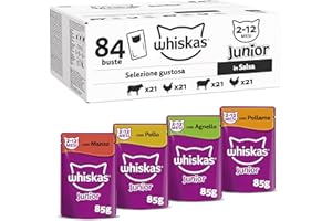 Whiskas Selezione Gustosa in Salsa Junior 2-12 mesi, Cibo Umido per Gatti, Pacco Formato Scorta, 84 Bustine ognuna da 85g (84 x 85g)